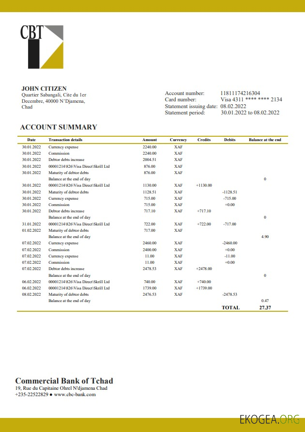 Relevé bancaire de la Chad Commercial Bank of Tchad template Relevé bancaire de la Chad Commercial Bank of Tchad template